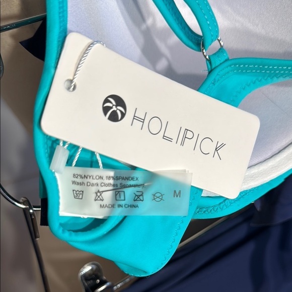 Super Cute Holypick Top & Gottex Bottom Teal/Navy Bikini Set Perforated Ruffle - Picture 10 of 15